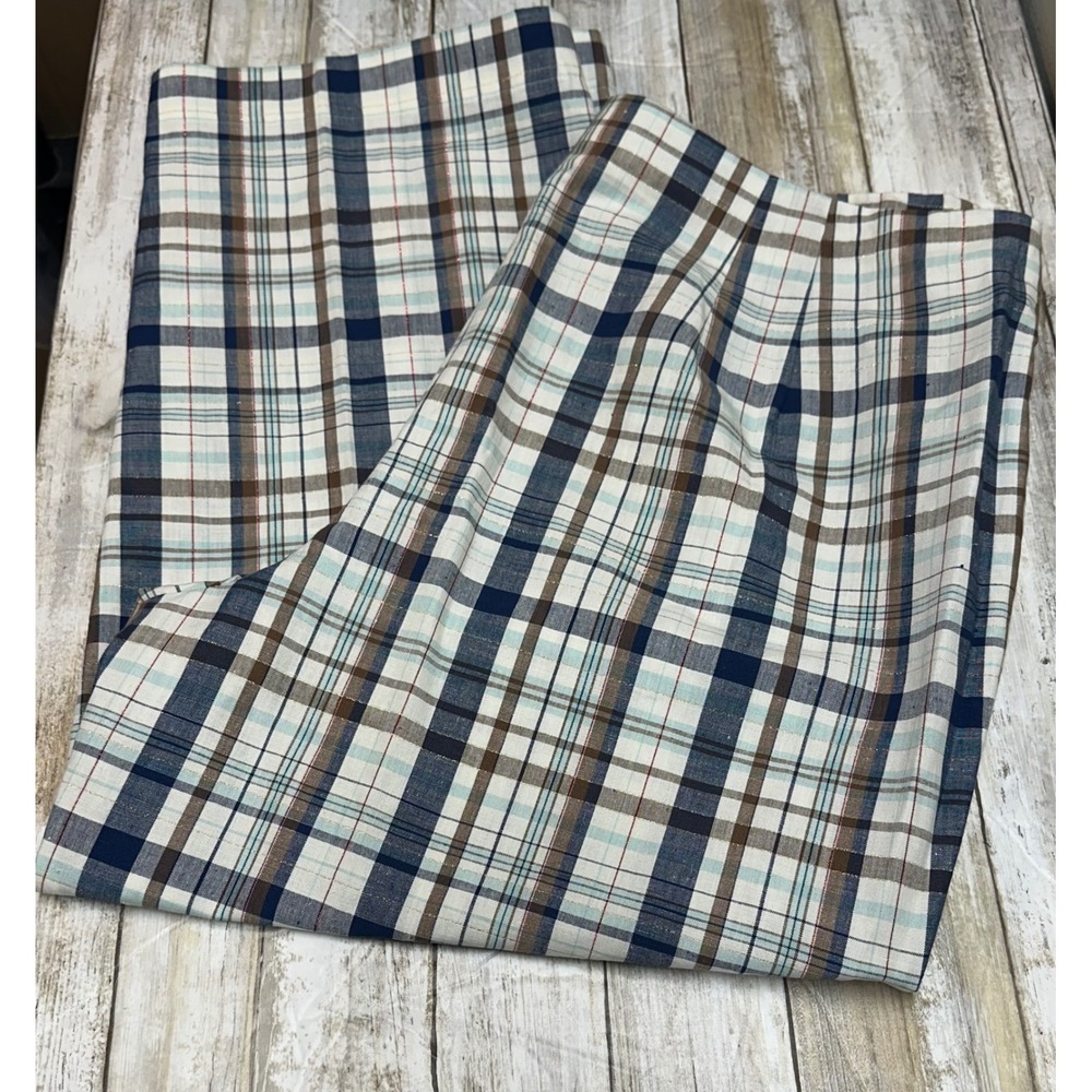 Talbots Womens Blue Brown Plaid Linen Cotton Blend‎ Crop Pants Size 16 Metallic